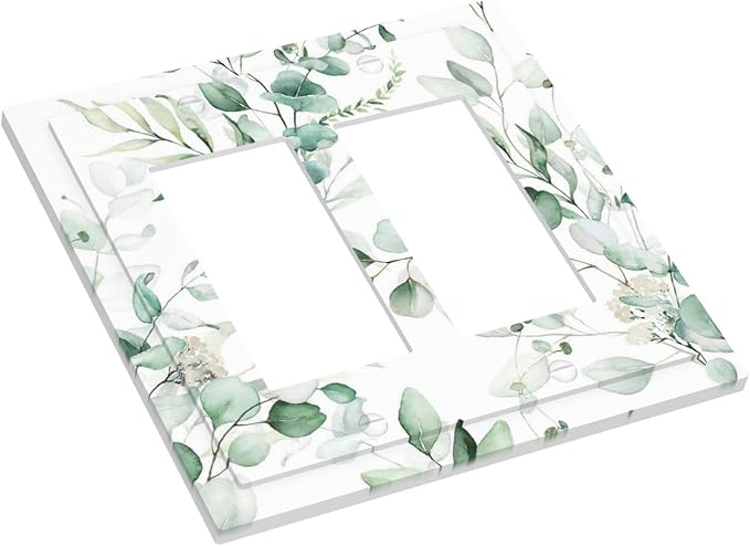 Boho Green Eucalyptus Leaf Floral Plants Flowers Decorative Outlet Covers 2 Gang Double GFCI Rocker Electrical Wall Panels Light Switch Cover Plate for Bed Room Living Room Decor