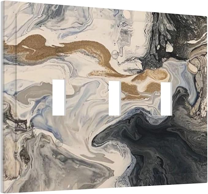Decorative Switch Plates Black Gold Swirl Fluid Painting Marble 3 Gang Wall Plate Triple Toggle Light Switch Cover Faceplate Electrical Wall Panels For Bathroom Kitchen Decor
