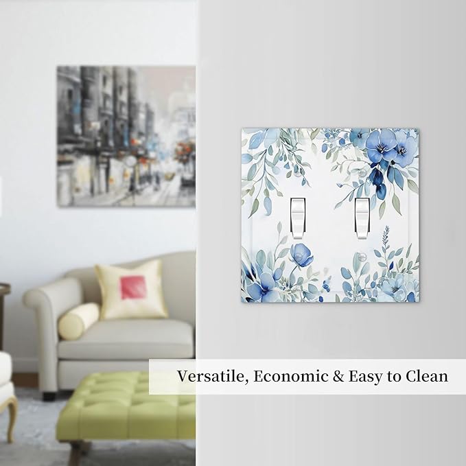 Watercolor Blue Flower Plant Floral Green Leaves Decorative Switch Plates 2 Gang Double Toggle Outlet Light Switch Cover Wall Plate Electrical Faceplate for Bedroom Living Room Decor