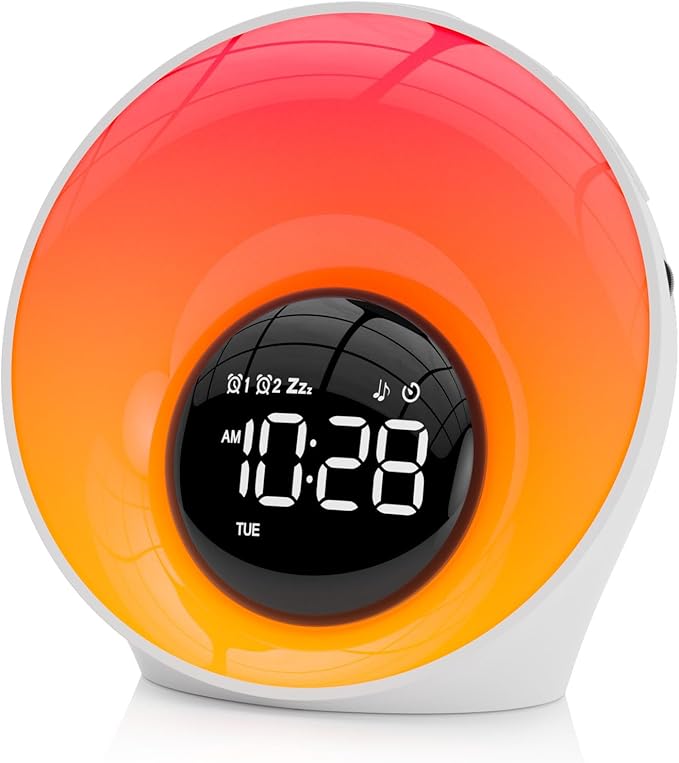 AFEXOA Wake Up Light Sunrise Alarm Clock - Sunrise Simulation & White Noise Machine with 30 Soothing Sounds, 14 Color Dimmable Night Light, Digital Dual Alarms for Heavy Sleepers/Adults/Kids(White)