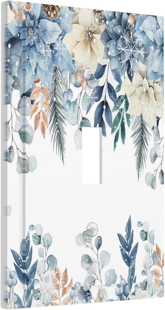 Blue Vine Snowflake Plants Leaves Floral Flowers Decorative Light Switch Cover 1 Gang Single Toggle Device Electrical Faceplate Switchplates Decorator Outlet Wall Plate for Bedroom Living Room Decor