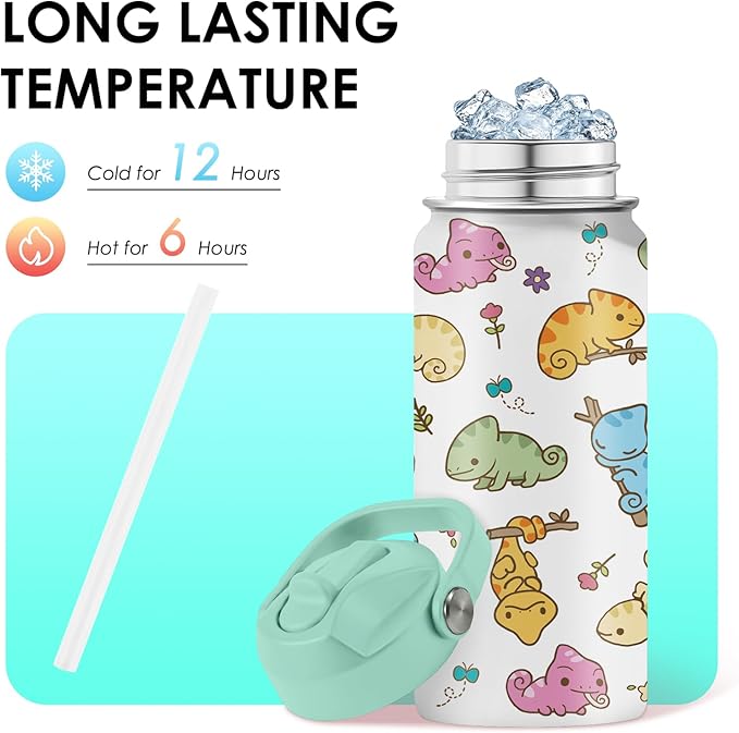 Axolotl Gifts for Girls - 16oz Green Axolotl Water Bottle with Straw Lid, Stainless Steel Insulated Tumbler, Leak Proof, for Boys, Sport, Travel, School - Animal Lovers Children Birthday Gift Cup(1pc)
