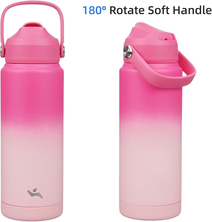 Konokyo Insulated Water Bottle with Straw Lid,24 oz Stainless Steel Vacuum Metal Bottle with Silicone Handle,Cherry Blossom