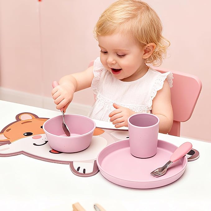 Complete tableware set, 6 pieces, water cups, dinner plates, divided dinner plates, bowls, spoons, and forks. (Purple)
