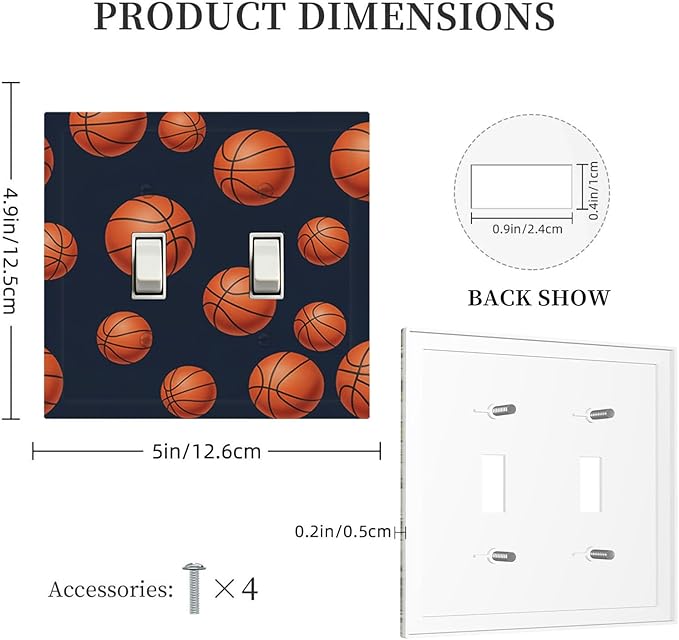 Basketball Double Toggle Switch Cover - 2-Gang Standard US Size Sports Design Navy Blue Light Switch Covers, Vintage Basketball for Boys Room