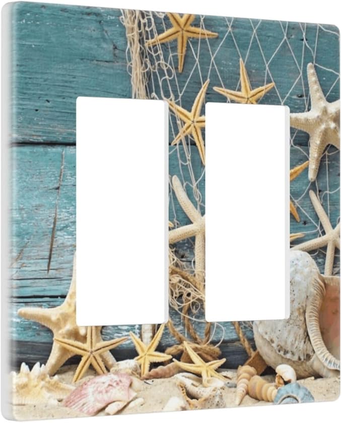 Nautical Beach Starfish Teal Wood 2 Gang Double Rocker/Decora Light Switch Cover Decorative Outlet Wall Plate Electrical Faceplate Home Family Art Decor Screwless