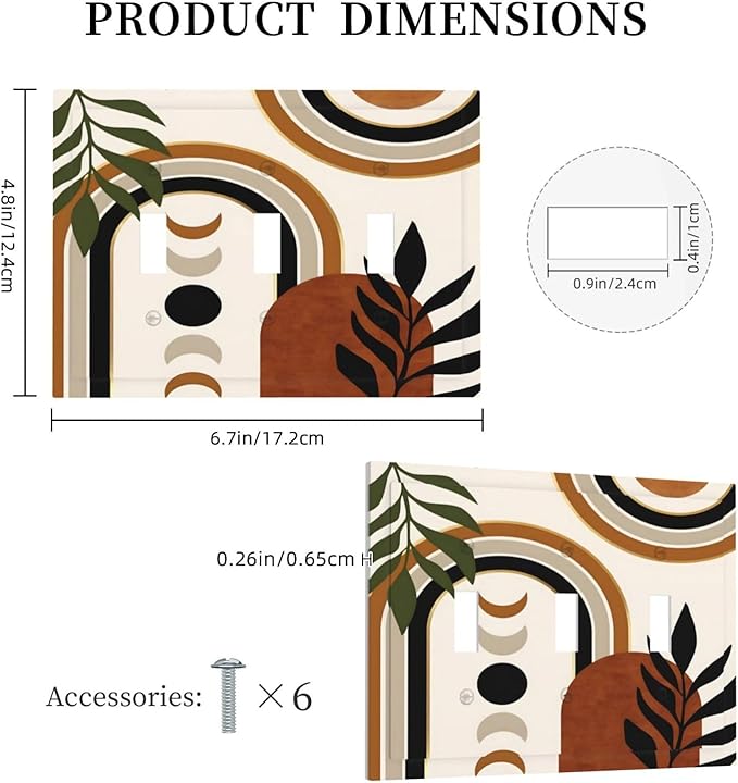 Boho Mid Century Arch Plant Leaves Sun Moon Decorative Switch Plates 3 Gang Wall Plate Triple Toggle Light Switch Cover Faceplate Electrical Wall Panels for Bedroom Living Room Decor