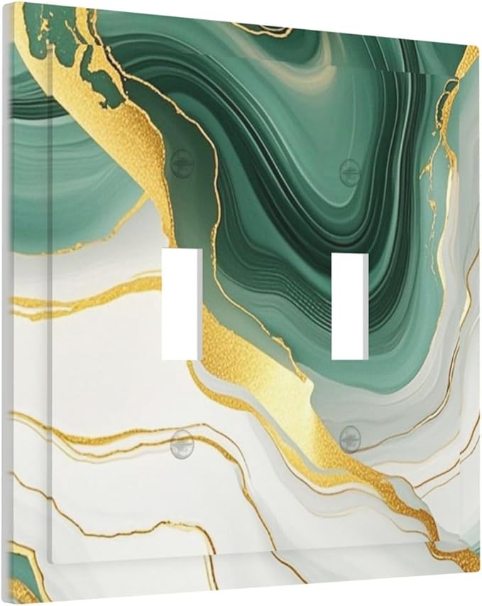 Decorative Switch Plates Turquoise Marble Texture Golden Lines 2 Gang Double Toggle Outlet Light Switch Cover Wall Plate Electrical Faceplate For Bed Room Bathroom Decor