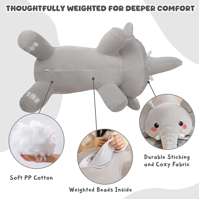 TOYSYM Weighted Stuffed Animals, 1.6 lbs Elephant Stuffed Animal with Weighted Beads, Cute Plush Toy Pillow Gifts for Adults Kids Boys Girls
