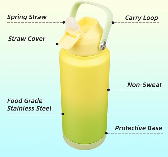 Konokyo Insulated Water Bottle with Straw Lid,32 oz Stainless Steel Vacuum Metal Bottle with Silicone Handle,Lime