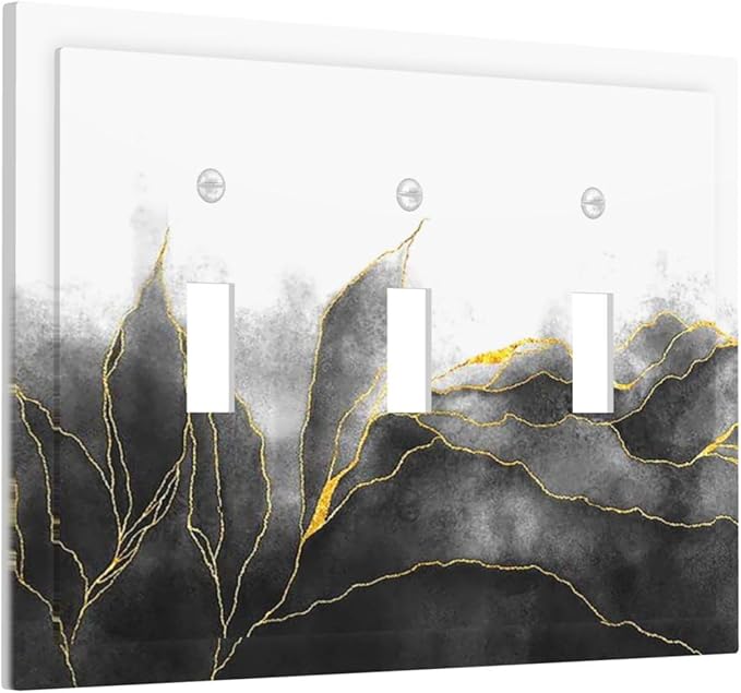 Decorative Switch Plates Black And Gold Marble White Golden Leaves 3 Gang Wall Plate Faceplate Triple Toggle Light Switch Cover Electrical Wall Panels for Bedroom living Room Decor