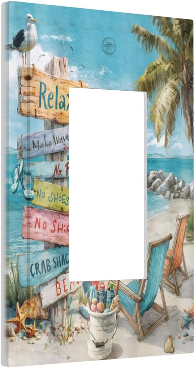 Ocean Beach Tropical Palm Tree Coastal Seaside Decorative Outlet Covers 1 Gang Single Rocker Light Switch Cover Plate Wall Plates GFCI Faceplate for Kids Room Living Room Decor