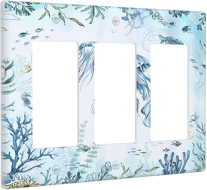 Light Switch Covers Jellyfish Teal Blue Ocean Turtle Coastal Beach 3 Gang Rocker Electrical GFCI Decorative Triple Outlet Wall Plate Cover Switchplate for Bedroom Bathroom Decor