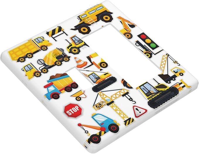 Yellow Truck Cartoon Transportation 2 Gang Single Toggle Rocker Combination Light Switch Cover Decorative Wall Plate Cover Electrical Faceplate for Kidroom Bathroom Bedroom Kitchen Decorate