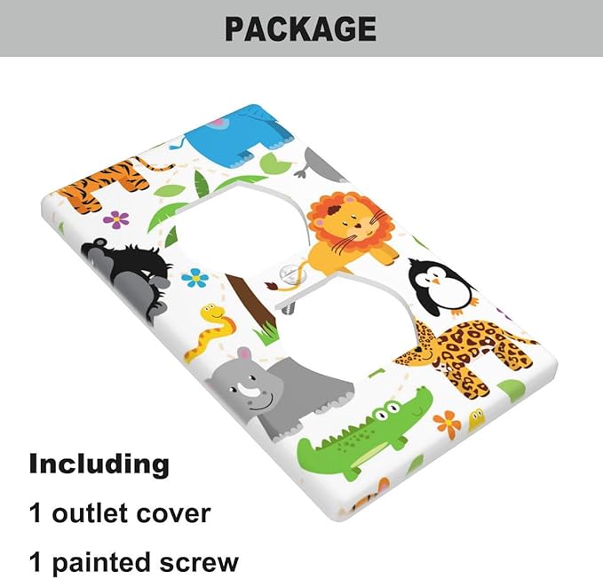 Cartoon Jungle Safari Animals Outlet Covers Colorful Elephant Giraffe Lion Woodland Wildlife Duplex Receptacle Wall Plate Standard 1-Gang 4.5" X 2.76" for Boys Girls Room