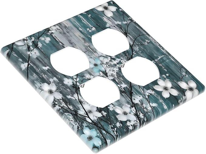 Rustic Blue Watercolor Flower Wooden Background Outlet Covers 2 Gang Double Duplex Decorative Light Switch Covers Electrical Wallplates Socket Faceplate for Bedroom Living Room Decor