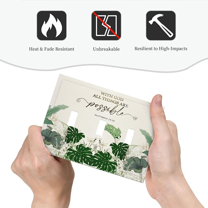 Decorative Light Switch Cover Plate Boho Green Monstera Leaf Inspirational Quotes 3 Gang Wall Plates for Electrical Outlets Triple Toggle Switch Plate Covers Outlet Covers Faceplate