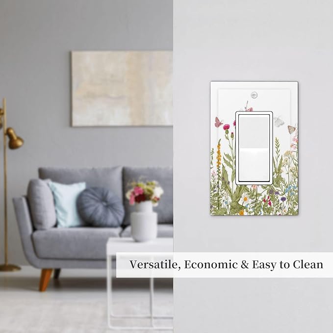 Colorful Butterfly Floral Plants Flower Vine Decorative Outlet Covers 1 Gang Single Rocker Light Switch Cover Plate Wall Plates GFCI Faceplate for Bed Room Living Room Decor