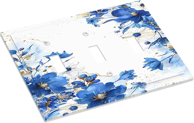 Klein Blue Flowers Watercolor Golden White Floral Decorative Switch Plates 3 Gang Wall Plate Triple Toggle Light Switch Cover Faceplate Electrical Wall Panels for Bedroom Living Room Decor