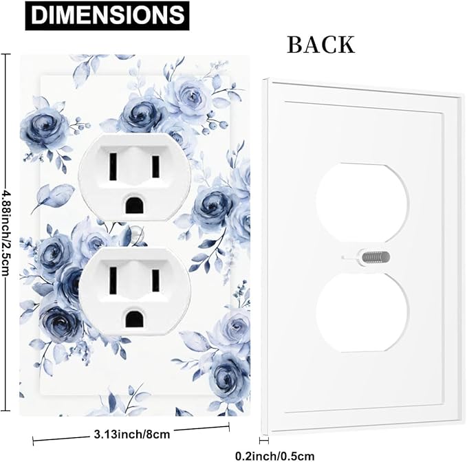 Watercolor Blue Roses Duplex Wall Plate - 1-Gang Standard US Size Serene Floral Outlet Covers, French Country Vintage Bouquet for Farmhouse Homes