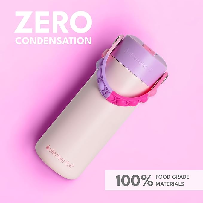 Elemental Insulated Kids Water Bottle, Stainless Steel Water Bottle with Straw Lid & Pop-It Handle, Leak-Proof Water Bottles for School, Boys or Girls, Travelling and Sports, 18oz - Pink Tie Dye