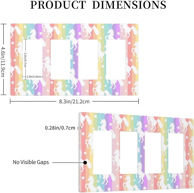 Colorful Kids Girls Cute Purple Rainbow Unicorns 4 Gang Quad Screwless Rocker/GFCI/Decorator Outlet Light Switch Cover Wall Plate Nursery Decorative Electric Device Faceplate Decorative Switchplate