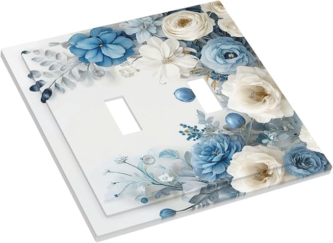 Decorative Light Switch Cover Plate Blue Rose White Flowers Rustic Floral 2 Gang Wall Plate Oversized Double Toggle Two Switch Wall Cover Plate Dual Device Electrical Face Plate
