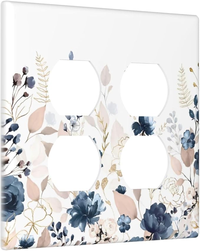 Blue Flora Boho Vintage Flower Golden Leaves Outlet Covers 2 Gang Double Duplex Decorative Light Switch Covers Electrical Wallplates Socket Faceplate for Bedroom Living Room Decor