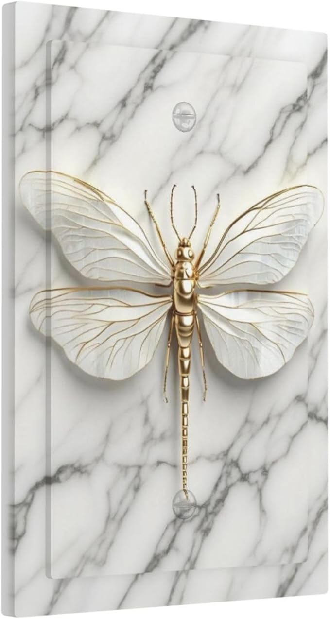 White Gold Marble Dragonfly Abstract Modern Light Switch Cover Plate 1 Gang No Device Blank Electrical Wall Plates Faceplate Decorative Switch Plate for Bathroom Home Decor