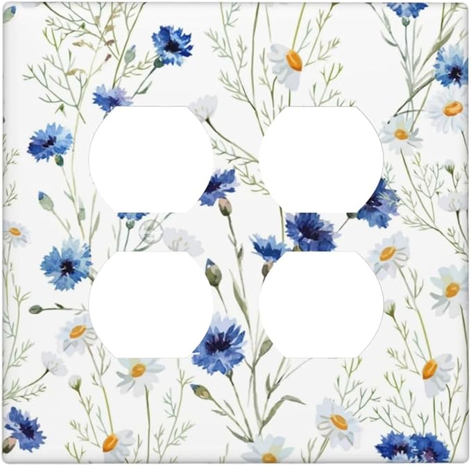 Decorative Light Switch Cover Plate Watercolor Daisy Blue Floral Vintage Plant 2 Gang Decorative Switch Plates 1 Toggle Duplex Combo Outlet Covers GFCI Plug Covers Wallplates for Bedroom Home Decor