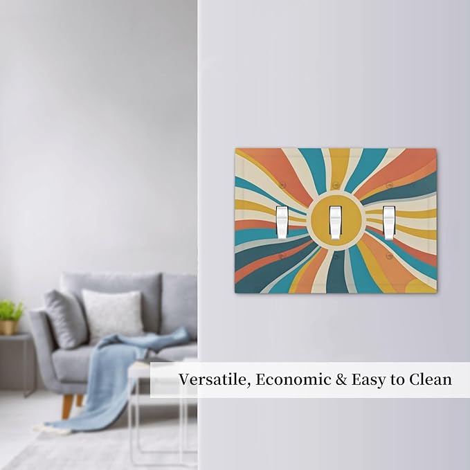 Decorative Switch Plate Cover with Retro Mid-Century Modern Sunburst Motif Design 3 Gang Artistic Wall Plate Unique Triple Toggle Light Switch Covers for Abstract Teal/Yellow/Orange Wall
