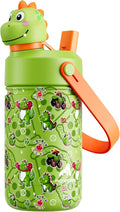POWCAN 12 oz Kids Stainless Steel Water Bottle: 2-in-1 Straw Spout Lid with Soft Animal Head, Leakproof, Car Cupholder Friendly, Keep Cold 24H, Insulated Bottle for School, Sports, Camp (Cowboy Rex)