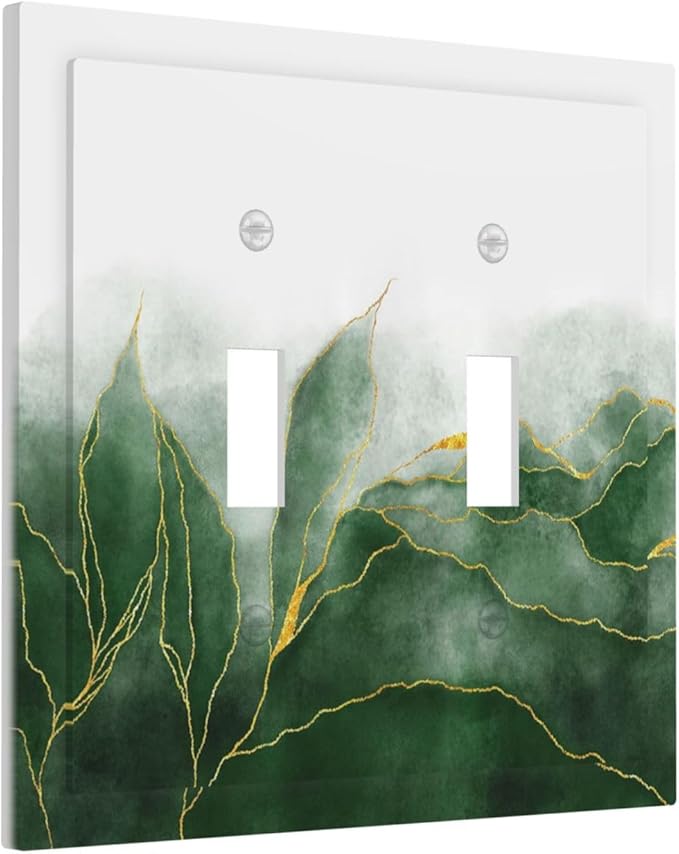 Light Switch Cover Plate Green Gold Leaf Marble Modern Abstract 2 Gang Double Toggle Decorative Switch Plates Plug Cover Wall Plates Electrical Faceplate for Kitchen Bathroom Decor