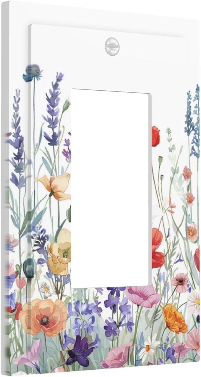 Colorful Floral Purple Lavender Flower Leaves Plants Decorative Outlet Covers 1 Gang Single Rocker Light Switch Cover Plate Wall Plates GFCI Faceplate for Bed Room Living Room Decor
