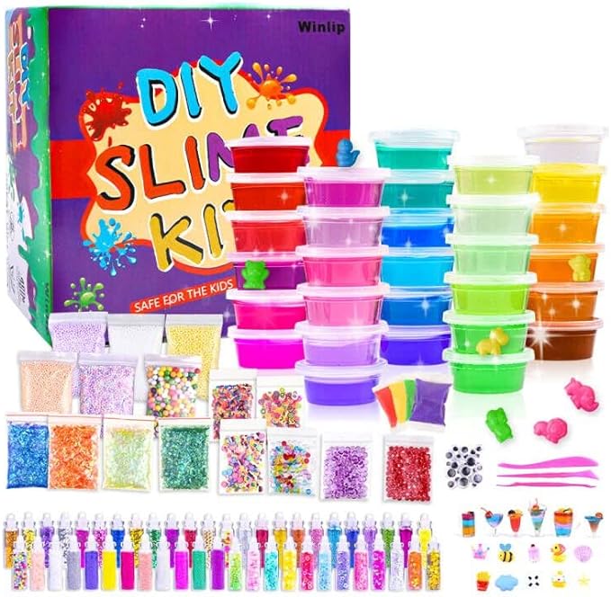 Slime Supplies Kit, 135 Pack Slime Making Kit 30 Crystal Slime, Glitter Jars, Charms, Sugar Paper, Foam Beads, Fishbowl Beads, Toy Cups, Slices, Air Dry Clay and Tools for Kids Girls by WINLIP