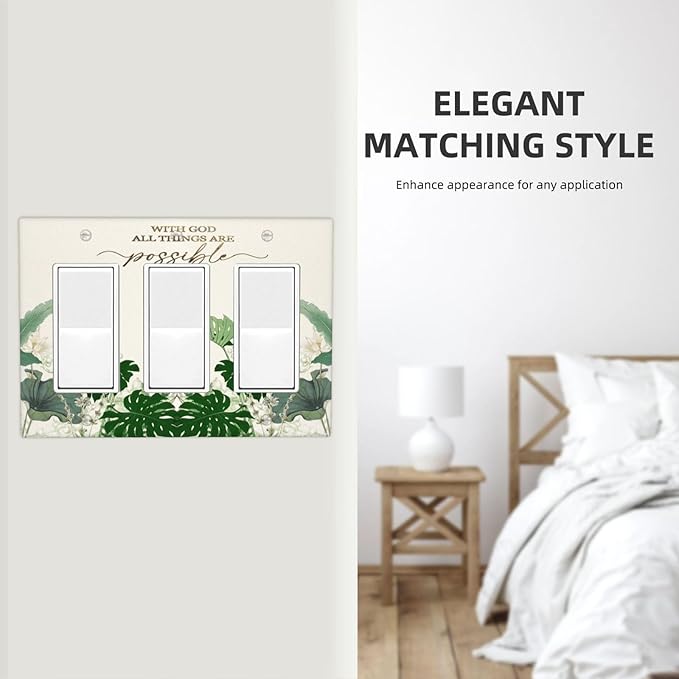 Decorative Outlet Covers Boho Green Monstera Leaf Inspirational Quotes 3 Gang Light Switch Cover Plate Triple Rocker Wall Plates for Electrical Outlets Switch Plate Covers for Home Decor