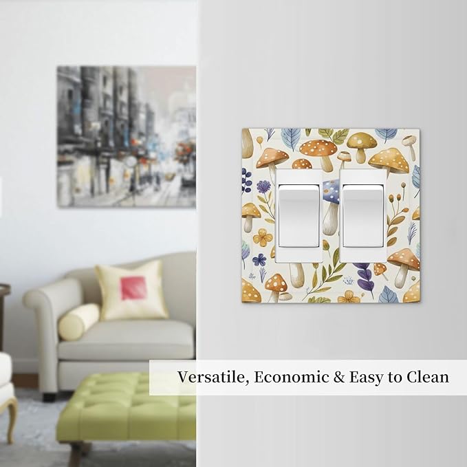 Boho Watercolor Mushroom Flowers Leaf Colorful Floral Decorative Outlet Covers 2 Gang Double GFCI Rocker Electrical Wall Panels Light Switch Cover Plate for Kids Room Nursery Decor