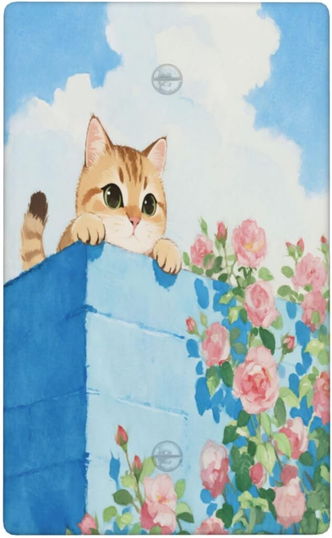 Cat Flower No Device Blank Wall Plate Decorative 1 Gang Light Switch Covers Electrical Switchplate Home Decorate Faceplat for Bathroom Bedroom Kitchen Room 4.5 x 2.76 Inch