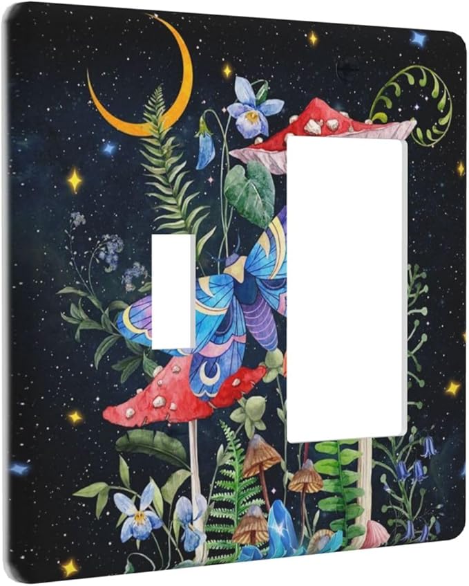 Boho Butterfly Mushrooms Snail 2-Gang 1-Toggle 1-Decorator/GFCI Device Combination Wallplate Starry Moon Night Stars Botanical Moth Dual Combo Toggle Receptacle Outlet Light Switch Cover Face Plate