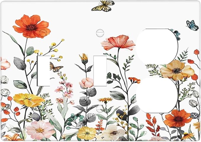 Colorful Butterfly Blossom Flower Floral 3-Gang 2-Toggle 1-Duplex Receptacle Combination Light Switch Decorative Triple Combo Device Switches/Rocker Outlet Covers and Wall Plate