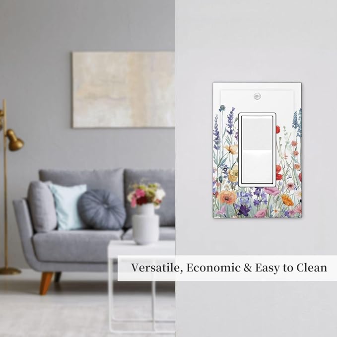 Colorful Floral Purple Lavender Flower Leaves Plants Decorative Outlet Covers 1 Gang Single Rocker Light Switch Cover Plate Wall Plates GFCI Faceplate for Bed Room Living Room Decor
