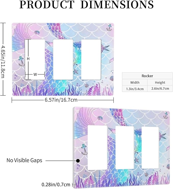 Cartoon Pink Girl Mermaid Scales Tail 3 Gang Triple Rocker/Decorator Light Switch Wall Plate Cover Decorative GFCI Electrical Faceplate Switchplate Dimmer
