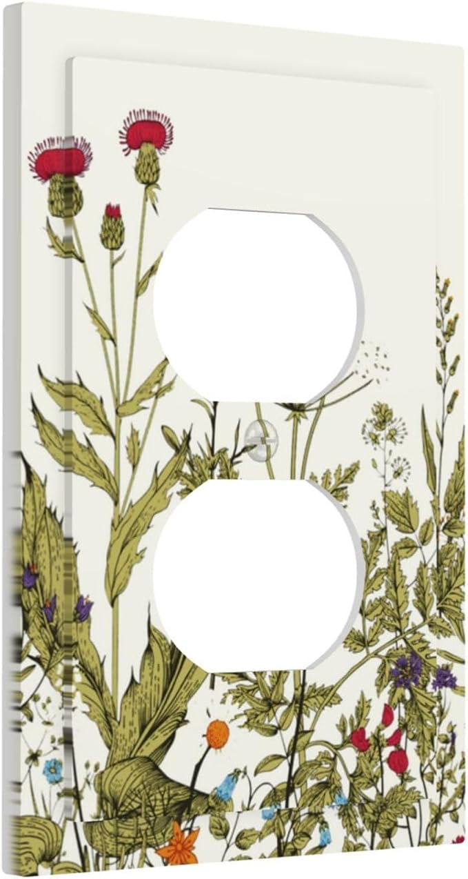 Colorful Country Vintage Colored Wild Flowers Floral 1 Gang Device Duplex Outlet Covers Receptacle Wallplate Blossom Herbs Spring Plant Sage Decorative Light Switch Cover Switch Face Wall Socket Plate