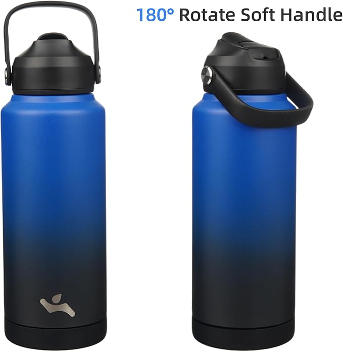 Konokyo Insulated Water Bottle with Straw Lid,32 oz Stainless Steel Vacuum Metal Bottle with Silicone Handle,Black Blue