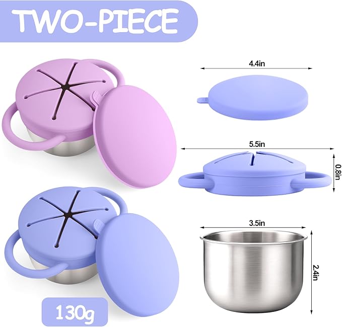 Mity rain Stainless Steel Snack Containers for Toddlers with Spill-Proof Silicone Lids Handles - 3-in-1 Baby Snack Cups, No-Spill Toddler Snack Box (Blue+Purple, Two piece set)