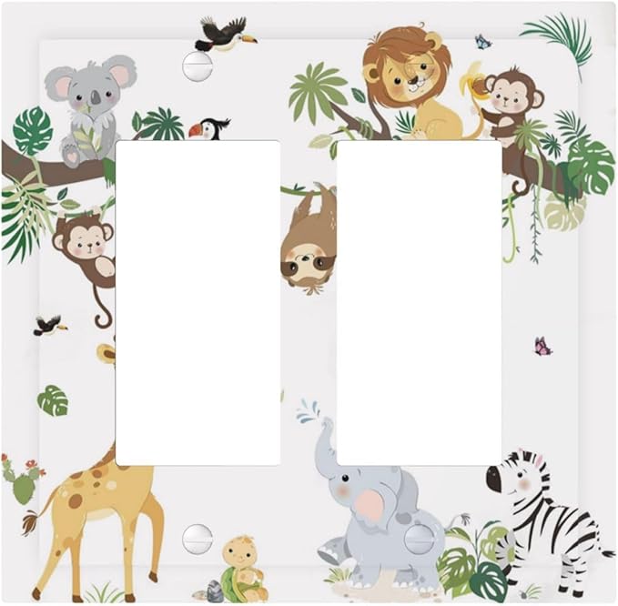 Jungle Animals Tree Branch Monkey Giraffe Lion Elephant Decorative Outlet Covers 2 Gang Double GFCI Rocker Electrical Wall Panels Light Switch Cover Plate for Kids Room Nursery Decor