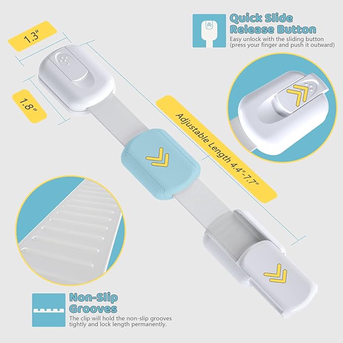 4our Kiddies 14 Pack Baby Proof Cabinet Latches, Childproof Drawer Latches with 12 Extra 3M Adhesives, Adjustable No Drilling Child Safety Cabinet Locks Straps Baby Drawer Locks for Kids Baby Safety