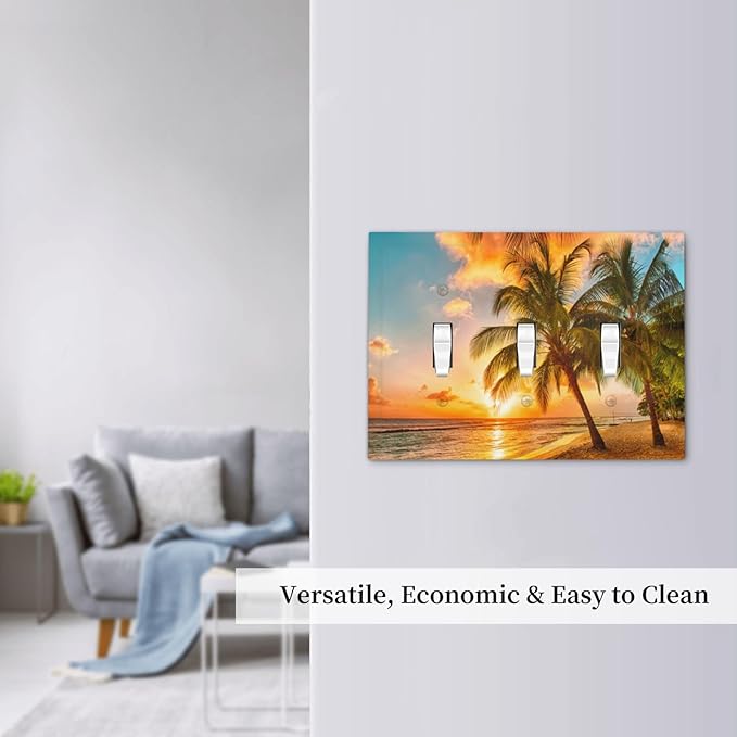 Light Switch Cover Sunset Beach Palm Tree Seascape 3 Gang Wall Plate Triple Light Switch Plate Tropical scenery Toggle Decorative Outlet Covers Electrical Switchplate for Bathroom Home Decor