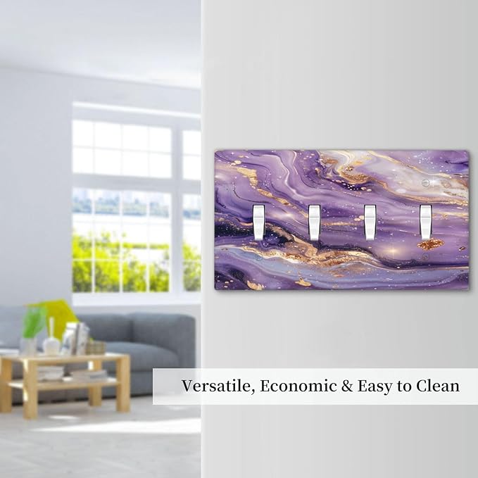 Luxury Marble Texture Purple And Gold Abstract Print Light Switch Covers Quad Toggle Electrical Faceplate 4 Gang Wall Plate Decorative Switch Plates Cover for Bathroom Home Decor