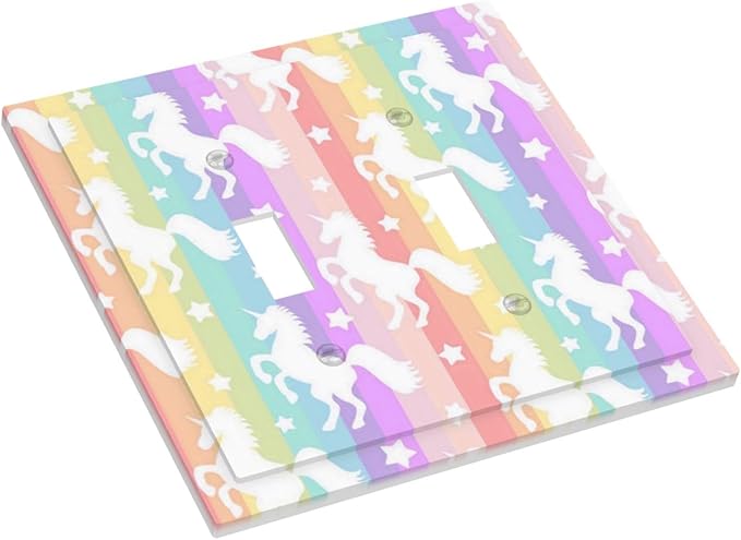 Funny Watercolor Kids Girl Bedroom Cute Colorful Rainbow Stripe Unicorn Purple Pink 2 Gang Electrical Double Toggle Outlet Light Switch Wall Plate Decorative Receptacle Face Switchplate Cover Mid Size